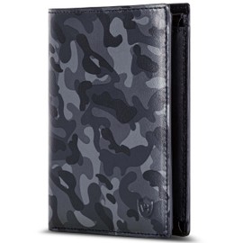 VON HEESEN Men's Leather Wallet with RFID Protection - Genuine Leather Wallet for Men - Women's Wallet, Black grey camouflage, portrait large (trifold)