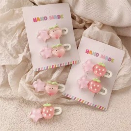 귀여운 핑크 복숭아 딸기 스타 머리핀 소녀 이마 앞머리 사이드 클립 달콤한 깨진 머리 장식 [4PCS] Cute Pink Peach Strawberry Star Hairpin Girl Forehead Bang Side Clip Sweet Broken Hair Decoration [4PCS]