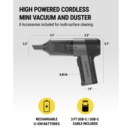 Scosche SCOVAC Cordless Handheld Vacuum Cleaner with Inflator, Deflator & Air Duster, 4-in-1 Small, High Power, Rechargeable and Portable Hand Held Vacuum for Car, Home, Office, Pet Hair