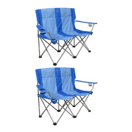 Kamp-Rite KAMPCC356 Outdoor Camping Furniture Beach Patio Sports 2 Person Double Folding Lawn Chair with Cup Holders, Blue (2 Pack)