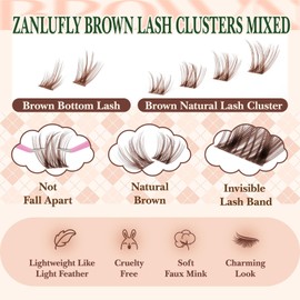 Brown Lash CLusters Kit with Bottom Lash Clusters Wispy Brown DIY Lash Extension Kit Natural C Curl Eyelash Clusters Invisible Band Lash Clusters with Lash Bond and Seal Lash Applicator