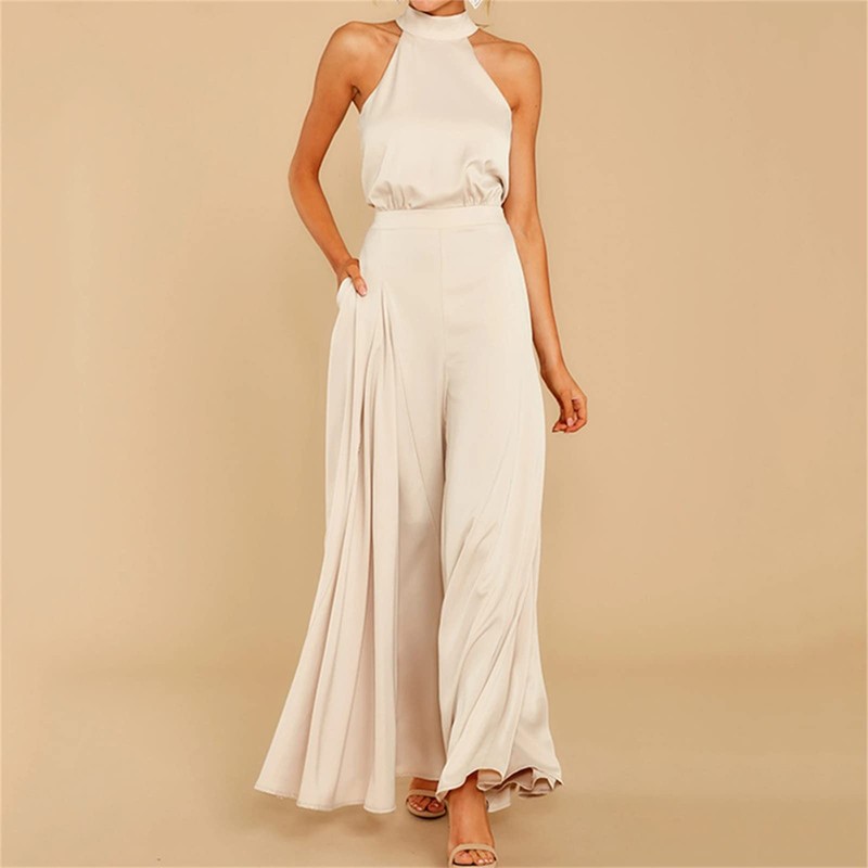 Women Plain Satin Jumpsuit Elegant Summer Halter Off Shoulder Jumpsuit