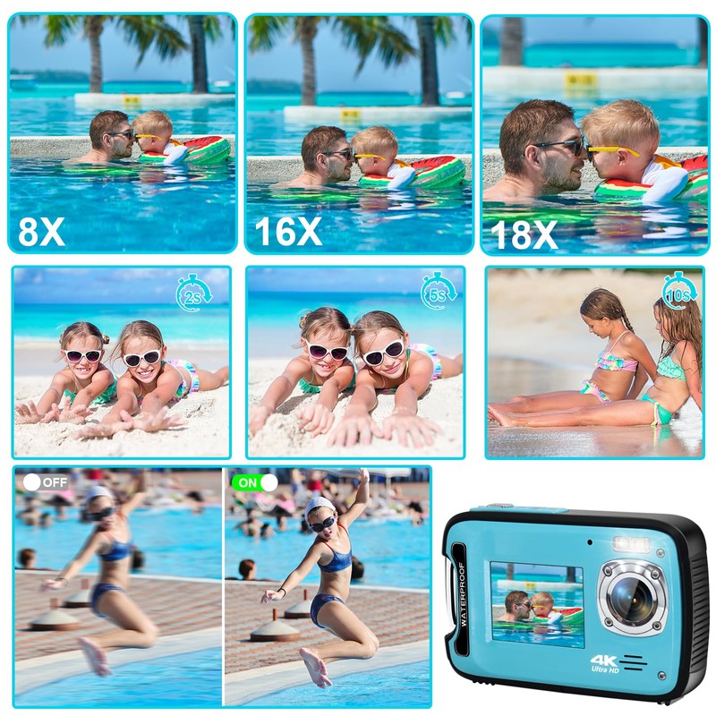 ISHARE Underwater Camera,4K 48MP 17FT Waterproof Camera for Snorkeling,Dual Screen