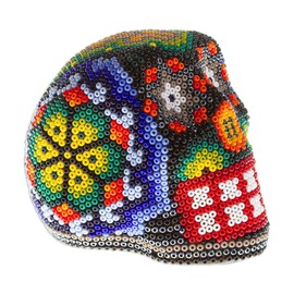 NOVICA Artisan Handmade Huichol Beaded Papier Mache Skull Figurine Multicolor Mexico Sculpture Folk Art Cultural Day of The Dead [2.4in H x 2.4in W x 2.8in D] 'Peyote Memories'