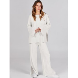 ANRABESS Womens 2 Piece Outfits Oversized Knit Sweater Set Wide Leg Pant Cozy Lounge Matching Pajama Sets 2024 Trendy Clothes White Large