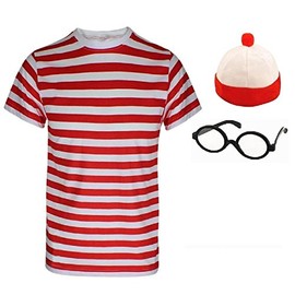 Kids Girls Boys Wheres the Nerd Red and White Striped Geek World Book Day 3 or 4 Piece Costume (T-Shirt+Glasses+Hat, 7-8)