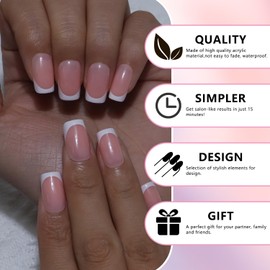 MOTIBACK 32PCS French Nail Manicure,Square Medium-Length Glossy Full Cover False Nails,Apricot Pink Color Press on Fake Wearable Nails,Gel Nail Tips Pre-Lasting for Art DIY