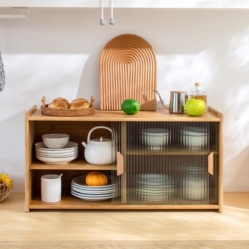 HollyHOME Small Bamboo Wall Mounted Kitchen Pantry Sideboard with 2