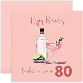 Old English Co. Pink Gin Fabulous 80th Birthday Card for Women - Eightieth Birthday Card for Her - Special Age Birthday Card for Grandma, Auntie, Mum - Fun Alcohol Drink | Blank Inside