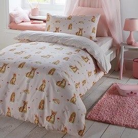 Bedlam - Pink Forest Animals Duvet Cover - Single Bedding Size (200 x 140cm) - Reversible (2 Designs) - Pink Check Duvet Cover - Pink Bedding with Deer, Hedgehog & Squirrel - Woodland Bedding