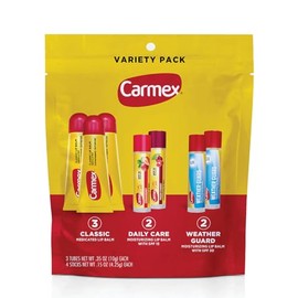 Carmex Classic, Weather Guard y Daily Care, paquete de bálsamo labial hidratante, 7 unidades, bolsa de variedad para el cuidado de los labios (3 tubos, 4 barras)