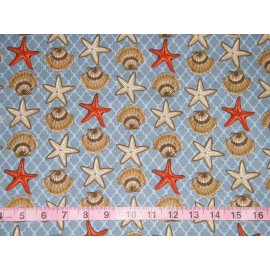 BTY SEASHELLS & STARFISH on Blue Print 100% Cotton Quilt Crafting Fabric by YARD