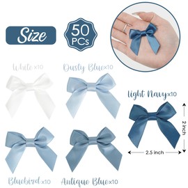 AIMUDI 5 Colors Dusty Blue 2" Satin Bows Self Adhesive Satin Bows for Gift Wrapping Premade Ribbon Bows with Double-Sided Tape for Making Crafts Baby Shower Birthday Party Wedding Decorations, 50 PCs