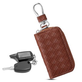 Auswalar Brown Woven Leather Car Key Case,Anti Scratch Car Key Protectors,Leather Car Key Keyring Holder,Key Case with Zipper,Car Key Holder for Man