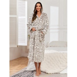 US Local Warehouse Printed Sleepwear Unisex Thickened Flannel Warm Soft  Leopard  Robe Pajama Suitable for Home Use in WinterSize: S, Color: Brown leopard