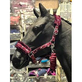 Equipride Horse Print Faux Lined Nylon Headcollars with Matching Lead Rope Bordeaux (Pony)