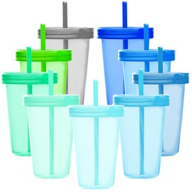 Youngever 9 Sets 16 Ounce Plastic Cups with Lids and Straws, Reusable Plastic Cups with Straws (Coastal Colors)