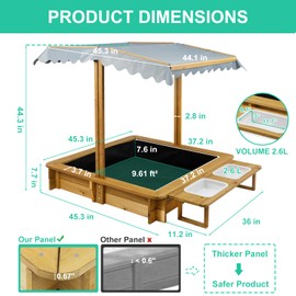 Gowoodhut Wooden Sandbox Outdoor Backyard,Kid's Large Sand Box with Retractable Canopy for Aged 3-8 Years Old,45.3x45.3in Children Sand Pit Play Equipment with Bottom Liner for Beach Garden