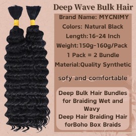 Deep Bulk Hair For Braiding Hair 20inch Wet And Wavy No Weft Quality Synthetic Hair Braiding Extensions For Boho Braids Natural Color 2 Bundles/Pack (Natural Black 150g)