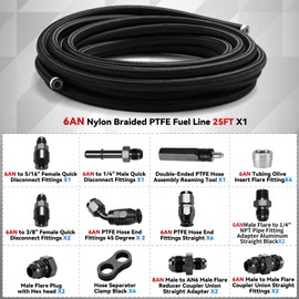 BRIFITOR 3/8" 6AN 25FT LS Swap Fuel Line Kit EFI E85 Fuel Hose Fitting Kit Nylon Stainless Steel Braided PTFE Fuel Line Kit, With PTFE Hose End Fitting Black