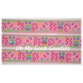 Unbranded 7/8 EASTER JELLYBEAN HOP CHEVRON BUNNY RABBIT GROSGRAIN RIBBON 4 BOW HOT PINK