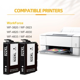 Onorigi 822XL Ink Cartridges Remanufactured Replacement for Epson 822 822XL Ink Cartridges Black for Workforce Pro WF-3823 WF-4833 WF-4830 WF-4820 Epson WF-3820 Printer Ink Cartridges (2Black)