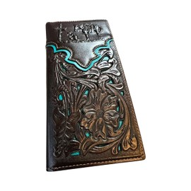 Western Stakes Mens Cowboy Praying At Cross Embossed Western Long Wallet Floral Cutout Layered Leather Soft Leather Checkbook Style Mens Wallets Leather Bull Rider Rodeo (D Coffee Teal)
