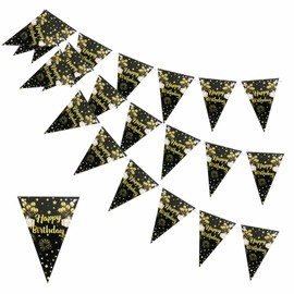 Moorle Happy Birthday Garland Banner Black Gold, Happy Birthday Garland Man Women, Happy Birthday Bunting Garland, Gold Black Glitter Birthday Anniversary Bunting Flags for Girls Boys
