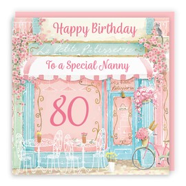 Hunts England - 80th Nanny La Petite Patisserie Birthday Card - Charming Pink Bakery, Pretty French Cafe Female Floral Design - Age 80 Happy Birthday Nanny Card - Milo's Gallery