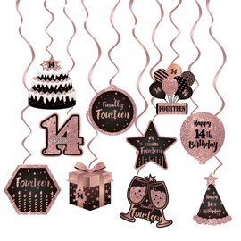 Eclifano Happy 14th Birthday Hanging Swirls Streams Ceiling Decorations,Sixteen,Celebration Old Rose Gold Birthday Party Decorations Supplies 14 Foil Hanging Swirls with Cutouts for 14 Years