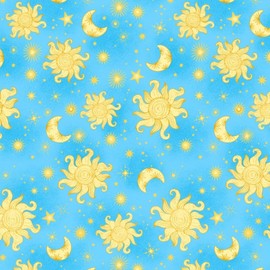 A.E Nathan Yellow Suns, Moons, and Stars on Blue Comfy Cotton Flannel Fabric by The Yard