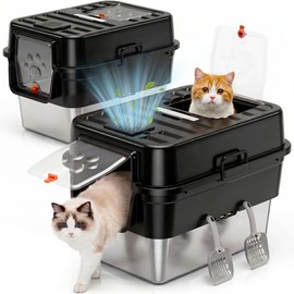 Jotesnew 2 Pack Extra Large Stainless Steel Litter Box with Lid, High Sided Enclosed Cat Litter Box for Multi-Cat Homes, Metal Cat Litter Pan, Dog Proof Front Entry Top Exit, Scoop Included, Black