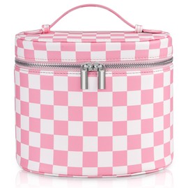 UUYUUY Makeup Bag Vanity Case Cosmetic Bag with Removable Divider Travel Toiletry Bag for Women Portable Make up Box Organizer, Pink and White