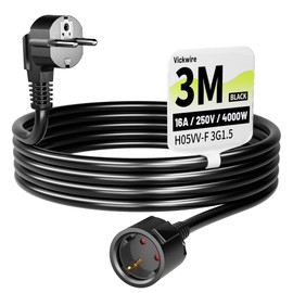 Vickwire Vickwire Verl?ngerungskabel 3m Kabel Kabelverl?ngerungen mit Schutzkontakt Stecker Schuko Verl?ngerung 16A/250V, Schwarz, H05VV-F 3G1,5 mm2