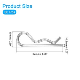 sourcing map 30Pcs 1.8mmx32mm 304 Stainless Steel R Shaped Spring Cotter Pins, R Clips Cotter Pin Spring Fastener for Household Appliances, Sports Equipment, Car Mechanics Repair (Silver)