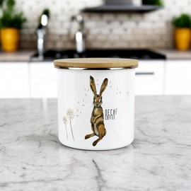 Purely Home Hares Decaf Coffee Storage Canister - Hare And Dandelion Animal Floral White Metal Enamel Medium Sized Food Storage Container