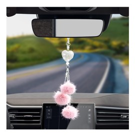 Dickno Bling Car Hanging Ornament, Cute Love Heart and Pink Plush Ball Rear View Mirror Pendant for Women Girls, Crystal Auto Rearview Mirror Charm Decor Accessories for All Vehicles (Pink)