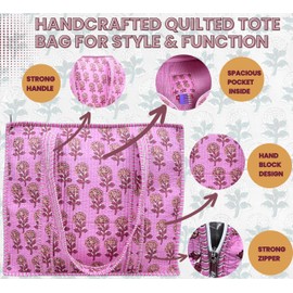 Third Eye Export Hand Block Printed Cotton Quilted Tote Bag For Women – Work Laptop Travel Beach Bag, Oversized Beach Essentials Handbags For Women 18x16 (Pink Wink Mesa Red Block Print)