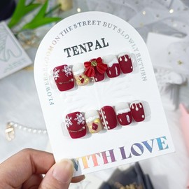 TENPAL Christmas Press on Nails Short Square Handmade Matte Red Nails Press Ons Acrylic White Snowflakes Fake Nails with Glue Xmas Full Cover False Nail 10pcs/box New Year Stick on Nails for Women(L)