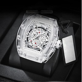 Gosasa Fashion Watches for Men Hollowed Men Watch Tonneau Transparent Business Watches Silicone Strap Date Quartz Waterproof Trend Male Wrist Watch