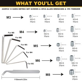 Siptenk Set Screws Assortment Kit Metric & SAE 901PCS, 304 Stainless Steel Threaded Inserts Hex Allen Head Socket Set Screw for Bathroom Fixtures Door Handles M3-M8 1/8-40 to 5/16-18