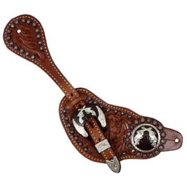 Showman Men's Size Tooled Leather Spur Straps w/Silver Engraved Cross Pistol Conchos! New Horse TACK!