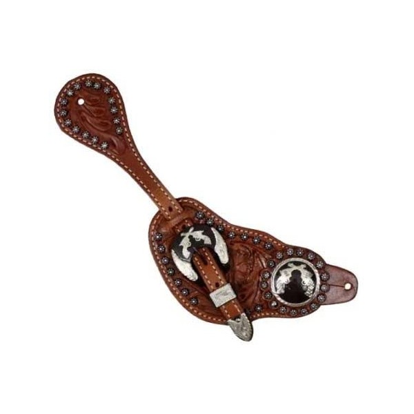 Showman Men's Size Tooled Leather Spur Straps w/Silver Engraved Cross Pistol Conchos! New Horse TACK!