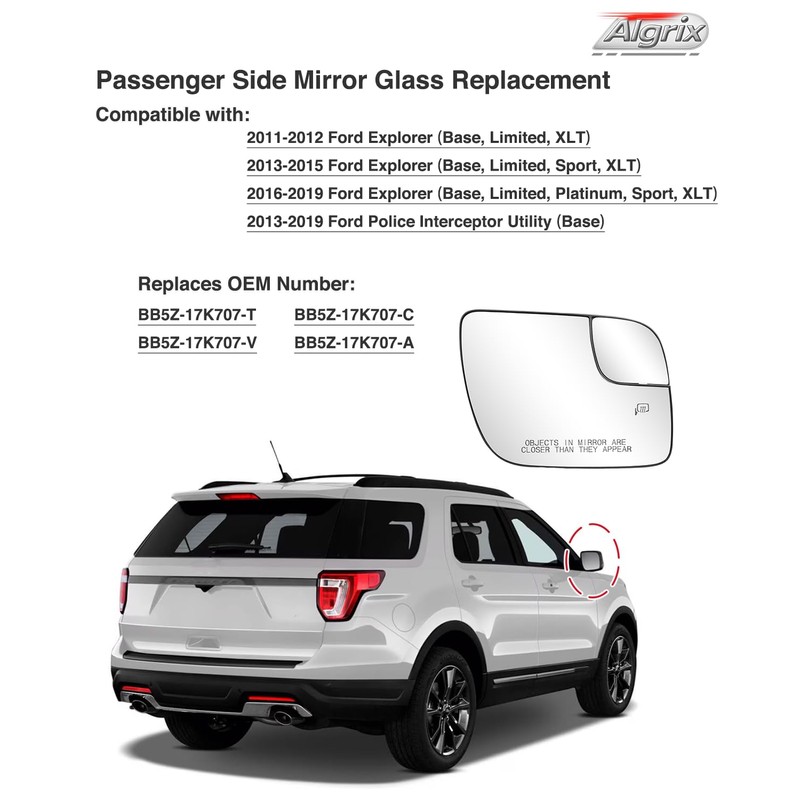 Algrix Passenger Side Mirror Glass Replacement for Ford Explorer 2011