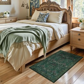 LIVEBOX Dark Green Floral Entryway Rug 2x3 Washable Rugs for Kitchen, Boho Non Slip Indoor Door Mat Entrance, Vintage Green Forest Small Low Pile Ultra Thin Throw Carpet for Bedroom Bathroom Laundry