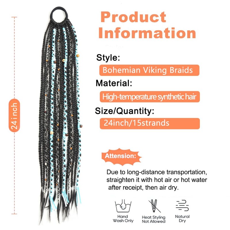 Boho Braided Ponytail Hair Extensions with Beads, 24" Viking Black