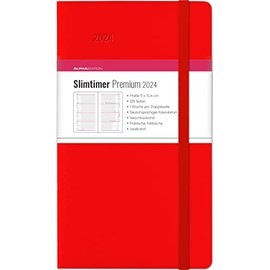 Slimtimer Premium Red 2024 - Pocket Calendar 9 x 15.6 cm - with Closure Strap & Folding Pocket - Balacron Cover - Weekly - 128 Pages - Alpha Edition