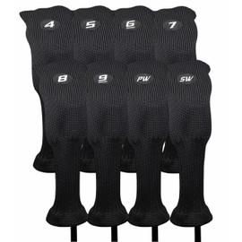 Majek All Hybrid Head Cover Golf Club Black Sleek Tight Fit Headcover Set 4-SW Acrylic Head Covers 4 5 6 7 8 9 PW SW Easy to See Large White Embroidered Numbers