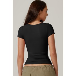 QINSEN T Shirts for Women Round Neck Short Sleeve Basic Tops Double Lined Summer Y2K Crop Tops,Black Large