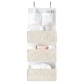 Mkono Macrame Over The Door Organizer Boho Decor Wall Mount Hanging Baby Storage with 3 Large Woven Pockets and 2 Small Pockets Behind Door Organizer for Home, Bedroom, Kitchen, Closet, Dorm, Nursery